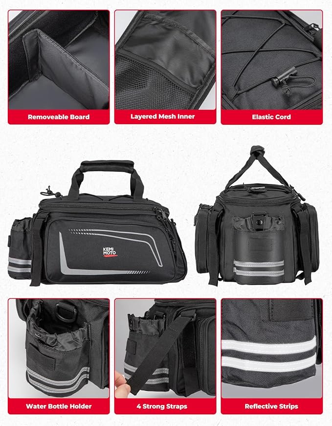 KEMIMOTO Bike Rear Rack Bag with Rain Cover, 15L Thickened Foldable Pockets Water Resistant Bicycle Bag, Bike Trunk Pannier for Commuter Cycling Trip Grocery Shopping, Black