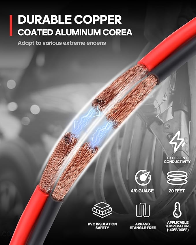 SAFEMATE 4/0 Guage 20 Ft 3000A Heavy Duty Booster Cables, Transfers Higher Voltage Than 2/0, 0, 2~12 Gauge Jumper Cables, For Heavy Duty Automotive to Jump Starting Dead or Weak Batteries