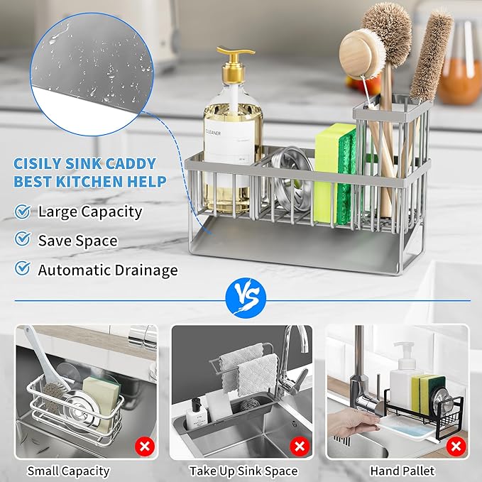 Cisily Sink Caddy Organzier with High Brush Holder, Sponge Holder for Sink, 304 Rustproof Stainless, Kitchen Countertop Soap 