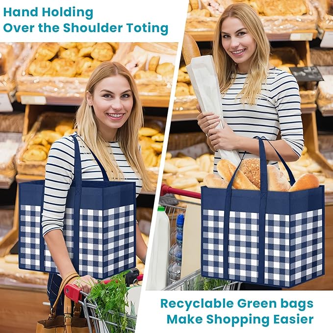WOWBOX Reusable Grocery Bags,4-Pack, Foldable Reusable Shopping Tote Bags bulk with Reinforced Handles,Large Storage Bags with Water Resistant Coating for Groceries,Multipurpose,Blue-White