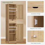 Iwell Tall Narrow Storage Cabinet with Doors, Rattan Cabinet with Adjustable Shelves, Freestanding Linen Storage for Living R