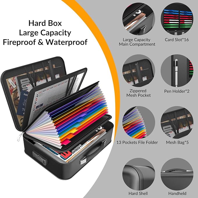 onvvippiv Hard Case Fireproof Document Box, Important File Organizer with Lock Waterproof Zipper, Portable Home Office Travel