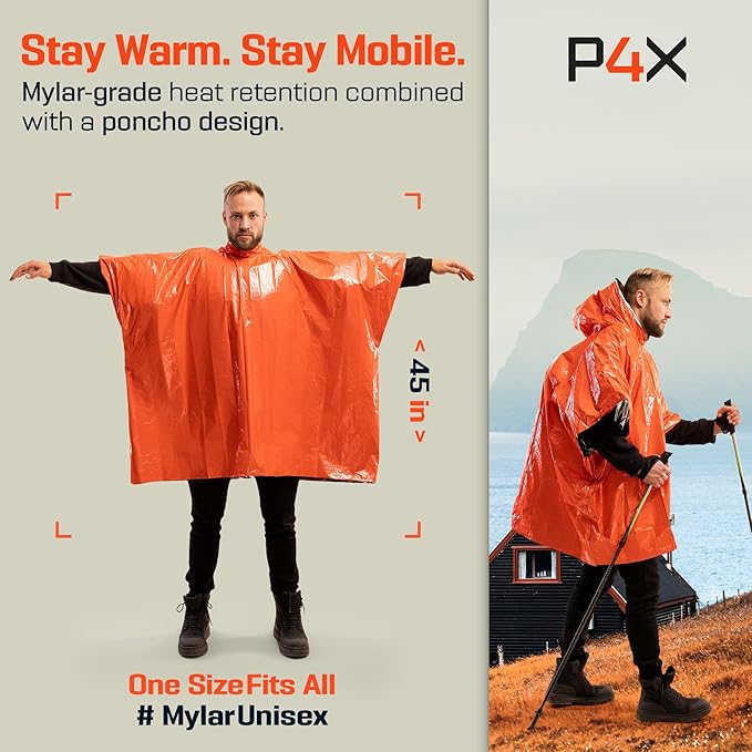 PREPARED4X Emergency Mylar Poncho – Survival Rain Poncho with Hood – Lightweight, Compact, Reusable Emergency Blanket Poncho 
