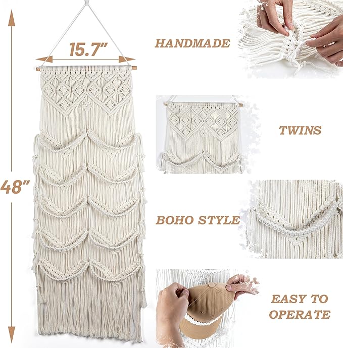 Macrame Hat Hangers for Wall Handmade Boho Baseball Cap Hanger Hand Knitting Cap Organizer Hat Holder for Wall Over Door Ball