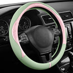 PIC AUTO Steering Wheel Cover, Pink Patterned & Green Leather Patchwork Design, Universal Fit 14.5"–15.5", Anti-Slip, Odor-Fr