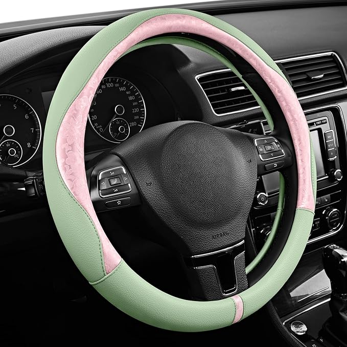 PIC AUTO Steering Wheel Cover, Pink Patterned & Green Leather Patchwork Design, Universal Fit 14.5"–15.5", Anti-Slip, Odor-Fr
