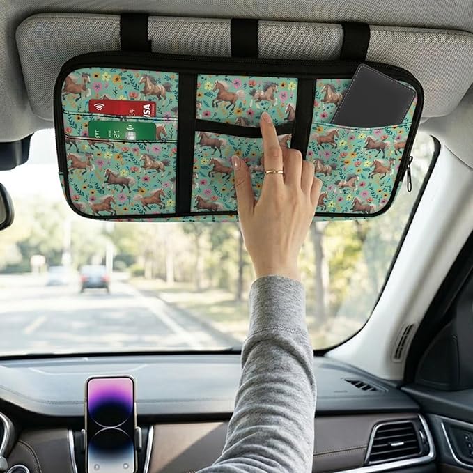 Horse Car Sun Visor Organizer with Velcro Straps Scratch-Resistant Sun Visor Storage Pouch with Zipper, Auto Interior Accessories for Car, SUV, Truck – Keep Your Vehicle Tidy