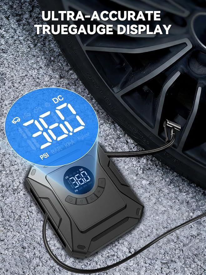 AIRSURE Tire Inflator Portable Air Compressor, 150PSI Fast Inflation Electric Air Pump with Auto Shut-Off & LED Display, 12V DC Air Pump for Car Tire Inflation