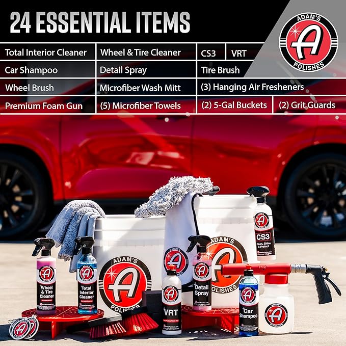 Adam's Essential Car Wash Kit (24-Item) - Auto Detailing Car Care Cleaning Kit with Foam Gun & Bucket Car & Truck Lovers, Dad