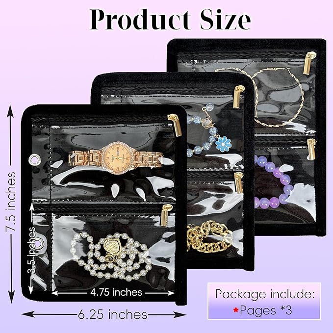 Travel Jewelry Organizer Case,Jewelry Bags for Traveling, Jewelry Binder with 24 Pcs Clear Zipper Velvet Pouches (Inner Pages