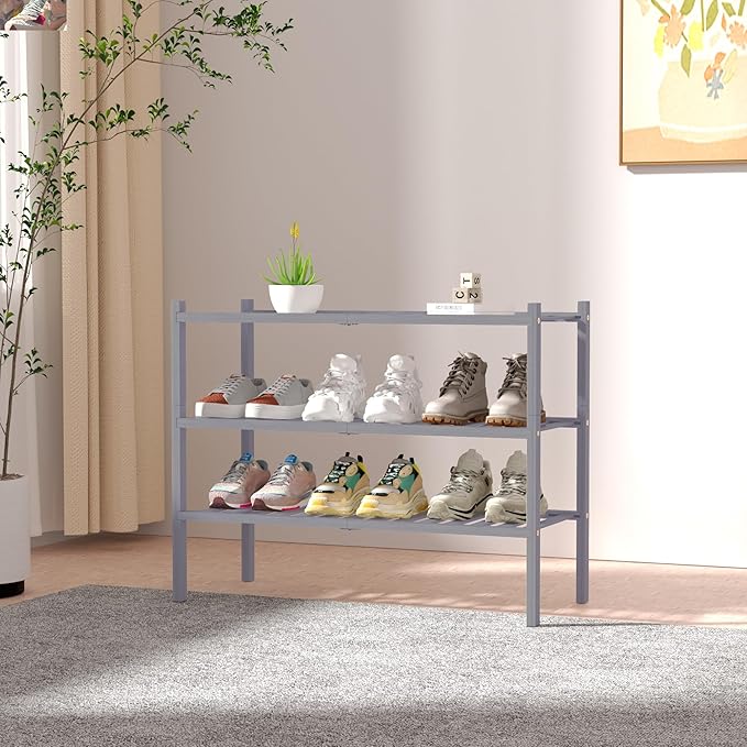 ROMGUAR CRAFT 3 Tier Bamboo Shoe Rack for Closet Free Standing Wood Shoe Shelf Storage Organizer for Entryway Small Space Sta