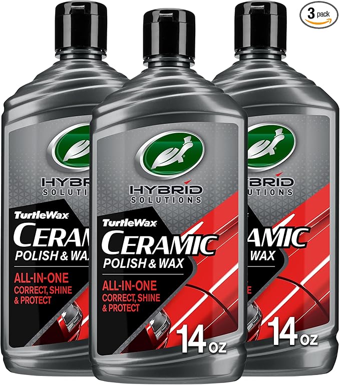 Turtle Wax Hybrid Solutions Ceramic Car Polish and Wax, Light Scratch Remover, Durable Paint Protection, Extreme Water Beading, High Gloss Shine, Hand or Machine Polisher Use, 14 oz (Pack of 3)