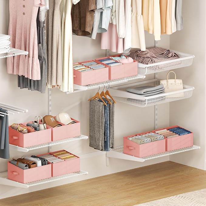 DIMJ Large Closet Shelf Organizer Bins 8 Packs with Handles and Divider, Fabric Trapezoid Storage Baskets, Foldable Clothes C