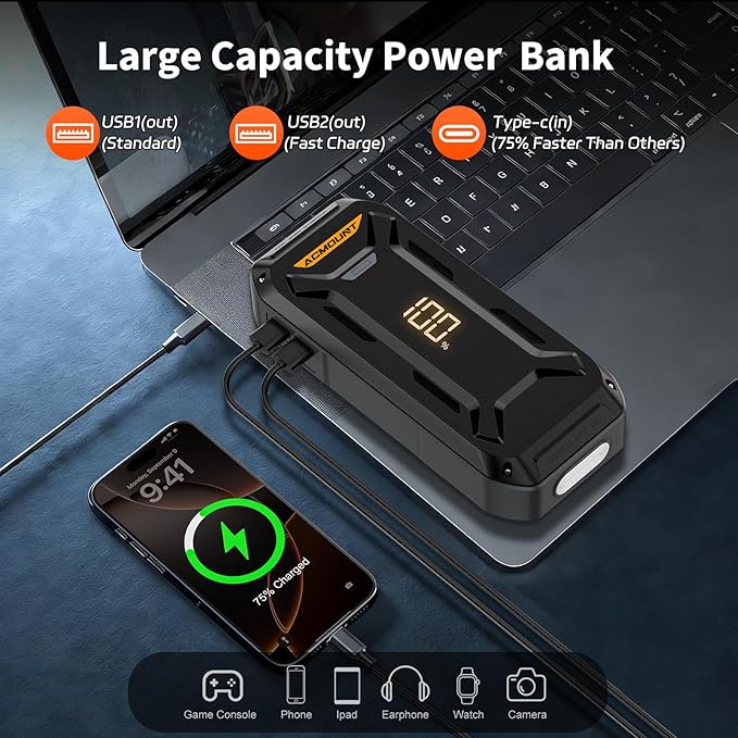 Acmount P120 Car Battery Jump Starter Portable, 7000A 12V Car Jumper Starter with Jump Box (All Gas/10.0L Diesel), LCD