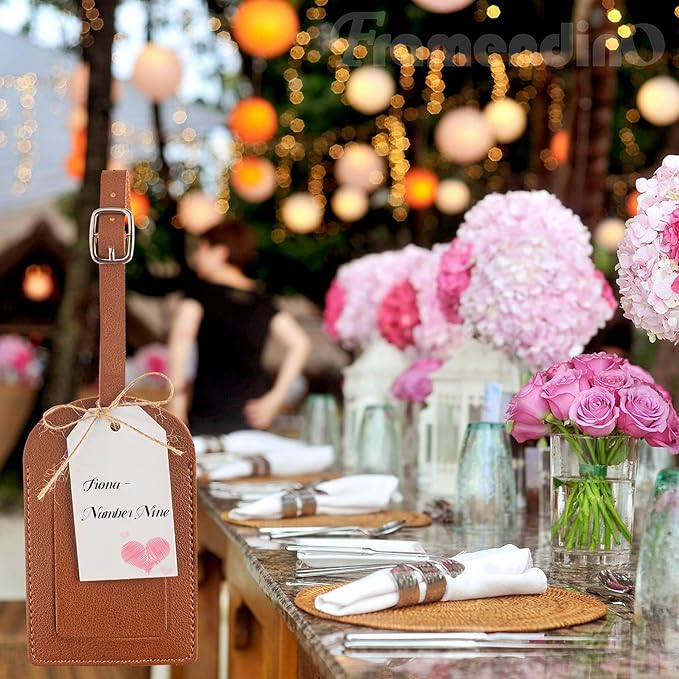 Framendino, 48 Sets Wedding Favors Luggage Tag PU Leather Travel Tags with Name ID Card for Bridal Shower Brown