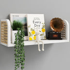 White Rattan Wall Shelf, Wooden Hanging Bookshelf Storage, Cute Nursery Shelves Wall Mounted, Boho Decorative Floating Shelve
