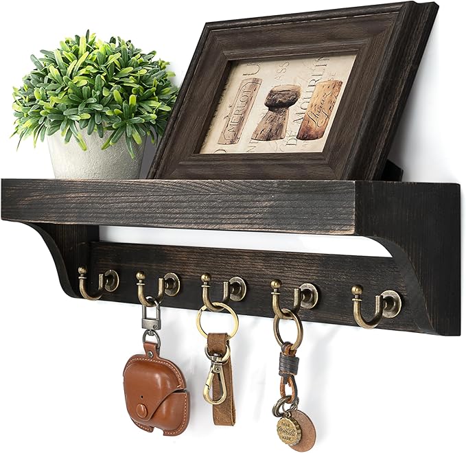 Rebee Vision Key Holder Wall Mount with Shelf – Rustic Key Holder for Wall with 5 Hooks for Keys & Leashes – Stylish Entryway