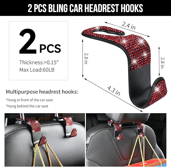 CAR PASS 30 PCS Bling Diamond Car Accessories Set for Women, Bling Steering Wheel Covers 15 Inch, Shining Rhinestone License Plate Frame, Sparkly Phone Holder, Cute Interior Set Decorations, Red