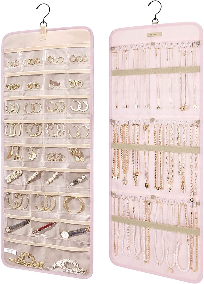 BAGSMART Hanging Jewelry Organizer Storage Roll with Hanger Metal Hooks Double-Sided Jewelry Holder for Earrings, Necklaces, 