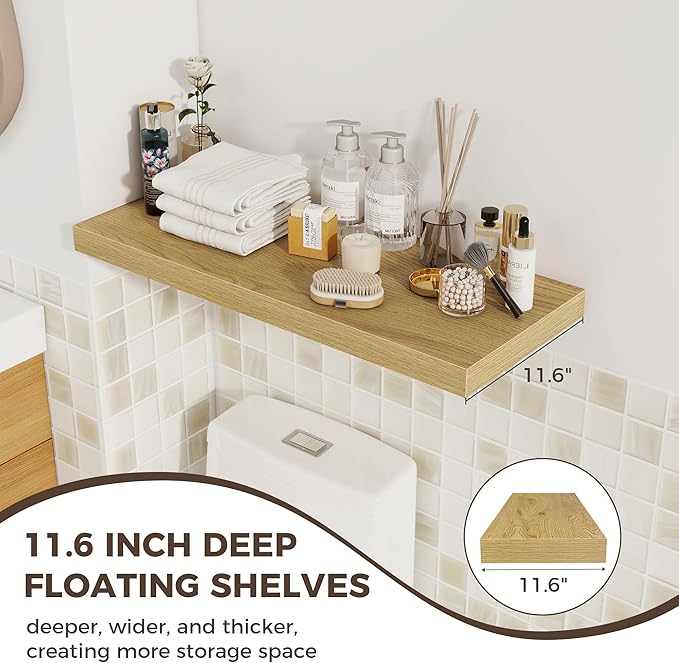 Fun Memories 12 Deep Floating Shelves for Wall | 30W x 12D Large Floating Shelves | 3 Pack Storage Space Wall Mount Shelf for