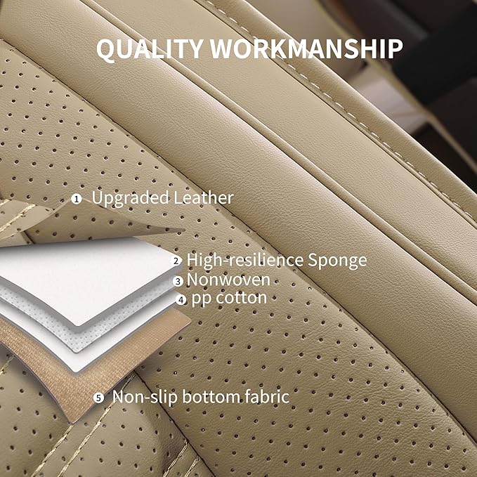 Nappa Leather Car Seat Covers Full Set, Beige Car seat Protector 5 Seats, Waterproof Car Seat Cushion, Universal Automotive S