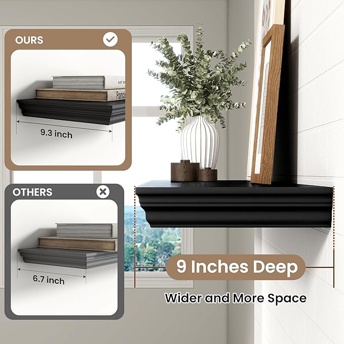Axeman 55 Inch Floating Shelves for Wall, 9.3" Deep Crown Molding Wood Display Shelf with Heavy Duty Invisible Brackets for L