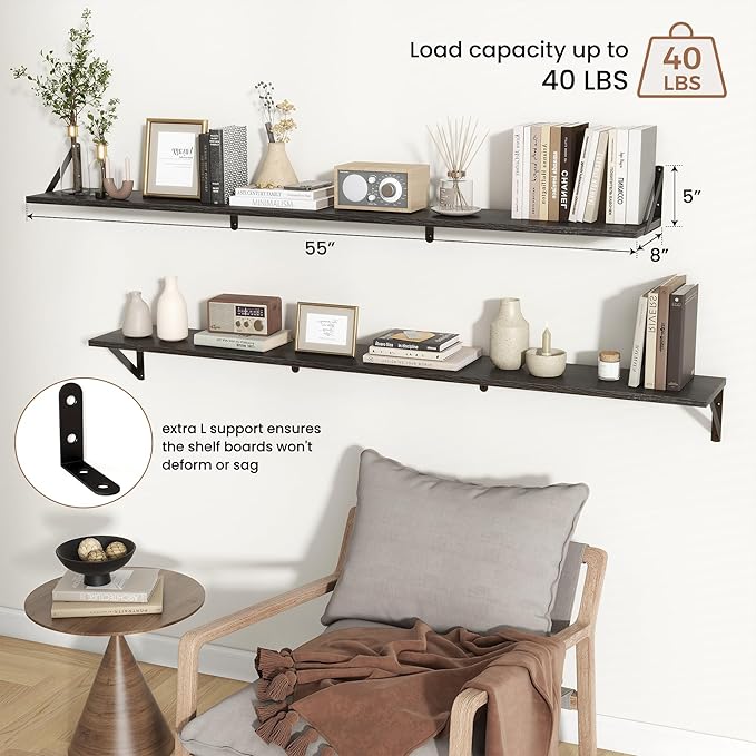 Axeman 55 Inch Floating Shelves | 8 Inch Deep Black Wall Shelves Set of 2 | 55" W x 8" D Rustic Black Wood Shelves for Bathro