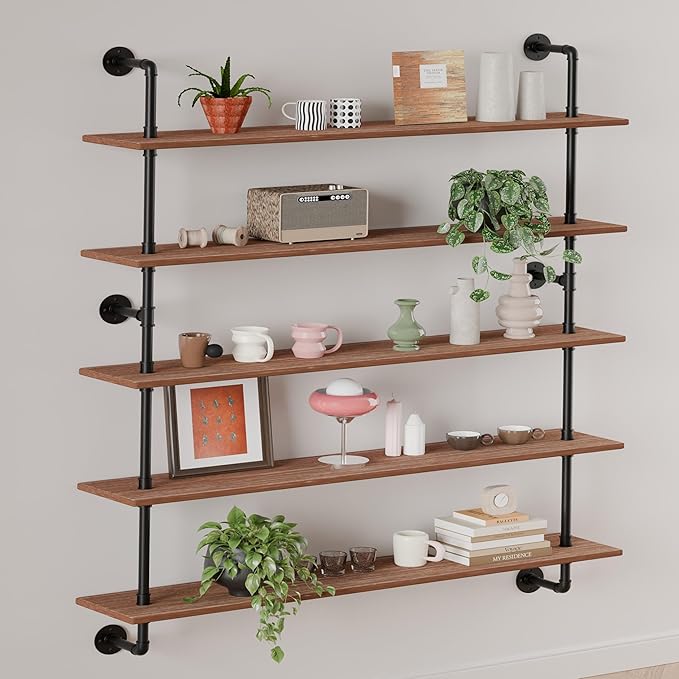 Floating Shelves for Wall Bookshelf Industrial Pipe Shelving Shelves 48 Inch 5 Tier Natural Wood Planks Rustic Wall Shelves H