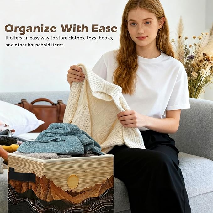 Boho Abstract Sun Mountain Storage Box Bins, Rustic Modern Abstract Boho Collapsible Storage Basket Organizer for Bedroom Lau