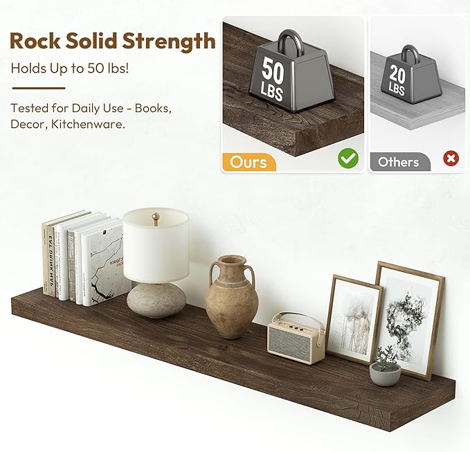Vivelove Solid Wood Floating Shelves Set of 2, Elm Wood Wall Shelf with Invisible Bracket for Living Room Bedroom Bathroom Of