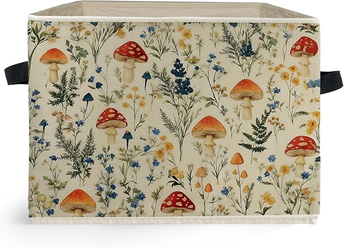 Rustic Mushroom Storage Box Bins, Cottagecore Wildflower Botanical Mushroom Collapsible Storage Basket Organizer for Bedroom 