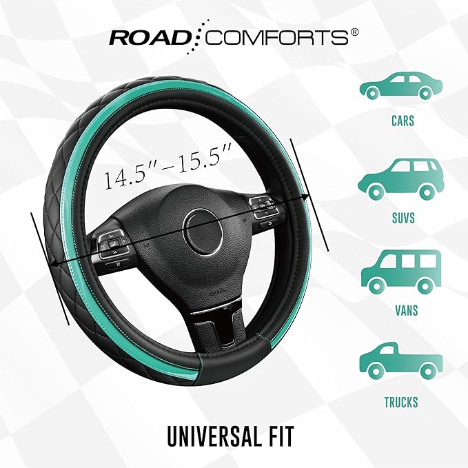 Road Comforts Leather Steering Wheel Cover – Black & Green Universal Fit 14.5-15 Inch, Microfiber Leather, Anti-Slip & Breath