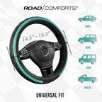 Road Comforts Leather Steering Wheel Cover – Black & Green Universal Fit 14.5-15 Inch, Microfiber Leather, Anti-Slip & Breath