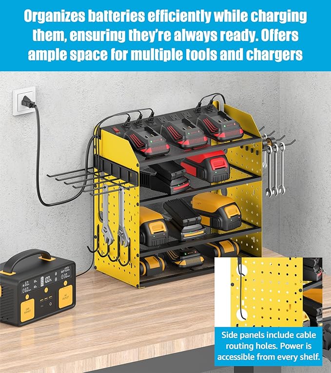 CCCEI Modular Desk Power Tools Organizer with Charging Station, 4 Layer Drills Battery Storage Wall Mount, Garage Shop Organi