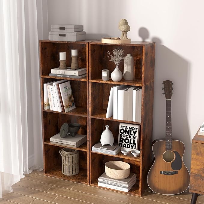 Wooden 4 Cube Storage Organizer, 4 Tier Tall Vintage Bookshelf Freestanding Storage Display Organizer, Versatile Cubes Shelf 