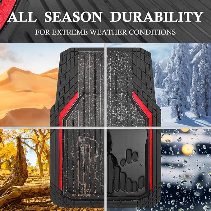CAR PASS Heavy Duty Rubber Floor Mats for Car, Waterproof Liner Deep Dish Car Mats Full Sets, Universal Trim to Fit for SUV Truck Sedans Vans, All Weather Automotive Floor Mats 3pcs, Black Red