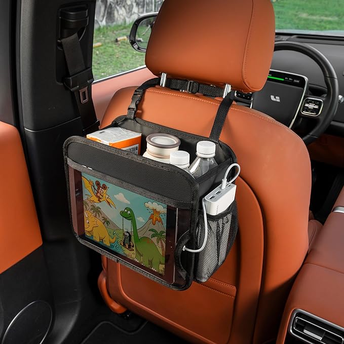 Car Organizer Bag for Back Seat Front Seat or Between Seats Premium PU Leather Hanging Storage Caddy with Tablet Holder Tissue Box Cup Bottle Holders Mesh Pockets for Kids Adults