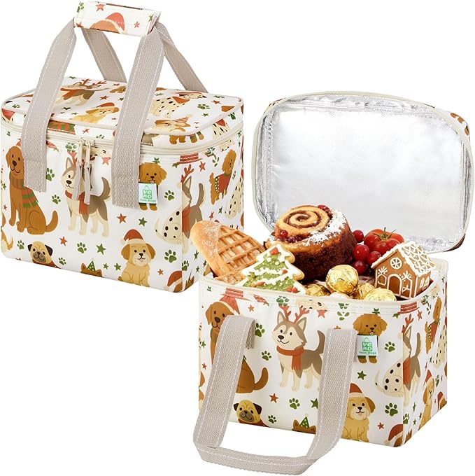 VENO 2 Pack Christmas Insulated Lunch Bag for Women Men, Reusable Lunch Box Grocery Shopping Bag Small Cooler with Handles Zippers for Work Office Picnic Beach (Holiday Pups)