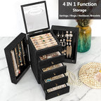 Meangood Jewelry Box Wood for Women, 5-Layer Large Organizer Box with Mirror & 4 Drawers for Rings, Earrings, Necklaces, Blac