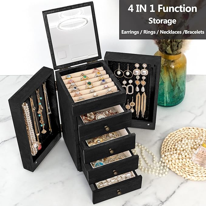Meangood Jewelry Box Wood for Women, 5-Layer Large Organizer Box with Mirror & 4 Drawers for Rings, Earrings, Necklaces, Blac