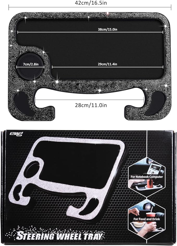 eing Bling Auto Steering Wheel Desk, Laptop,Tablet, Notebook Car Travel Table, Food Eating Hook On Steering Wheel Tray, for Constant Travelers, Fits Most Vehicles Steering Wheels,Black