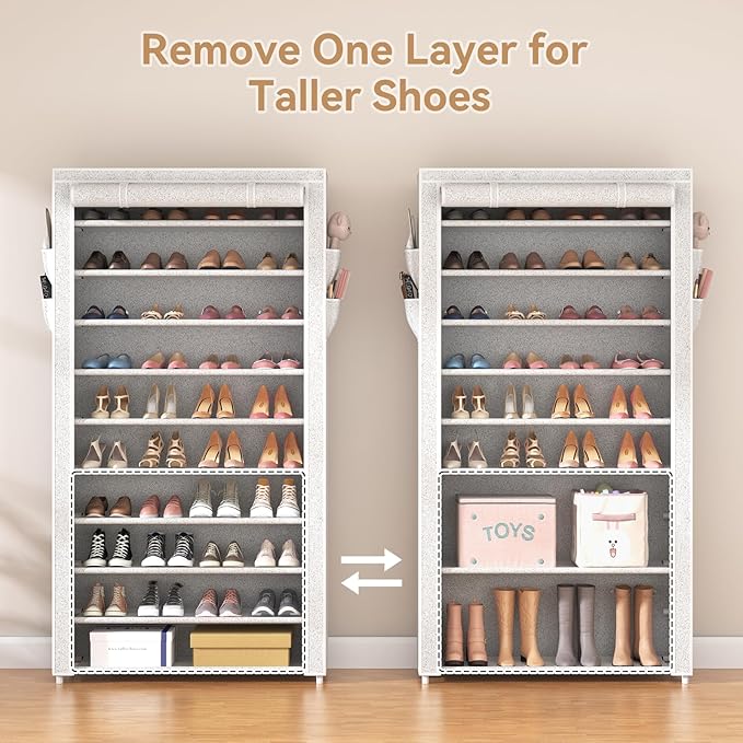 ROJASOP 10 Tier Shoe Rack with Covers Large Capacity Stackable Tall Shoe Shelf Storage for 50-55 Pairs Shoe and Boot, Sturdy 