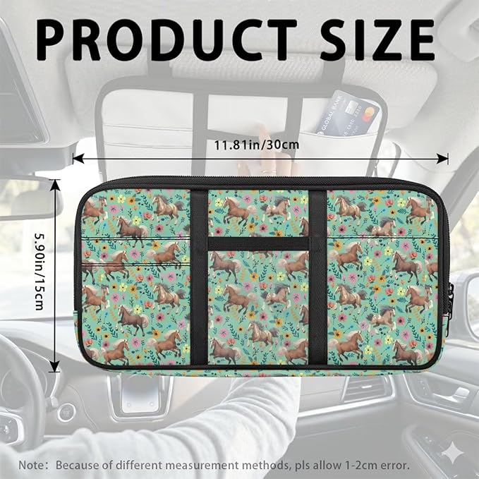 Horse Car Sun Visor Organizer with Velcro Straps Scratch-Resistant Sun Visor Storage Pouch with Zipper, Auto Interior Accessories for Car, SUV, Truck – Keep Your Vehicle Tidy
