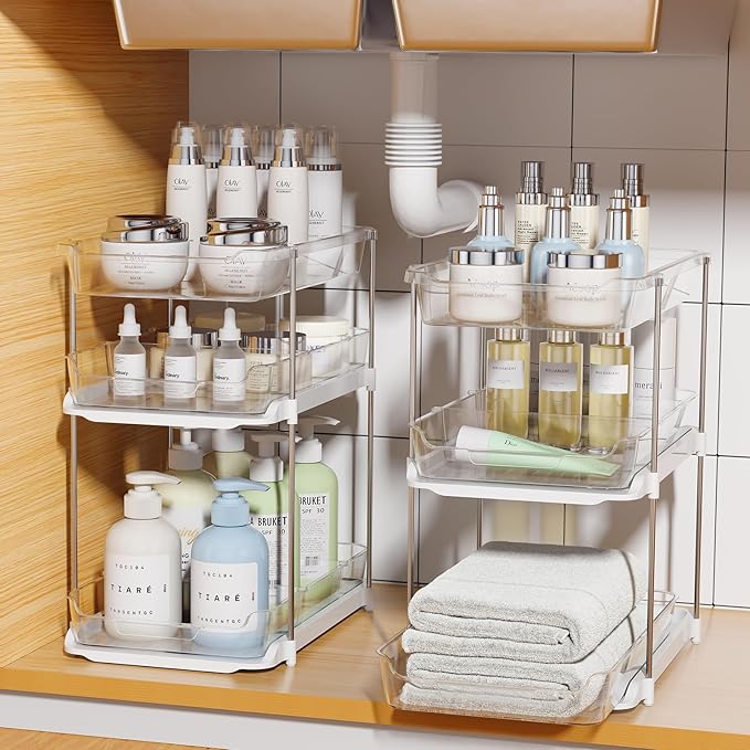 Delamu 2 Sets of 2-Tier Multi-Purpose Bathroom Under Sink Organizers and Storage and 2 Sets of 3-Tier Bathroom Under Sink Org