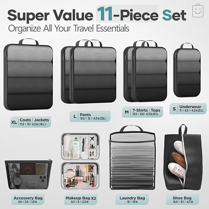 Veken 11 Set Compression Packing Cubes for Travel Essentials,Compressible Expandable Large Luggage Suitcase Organizer Bags fo