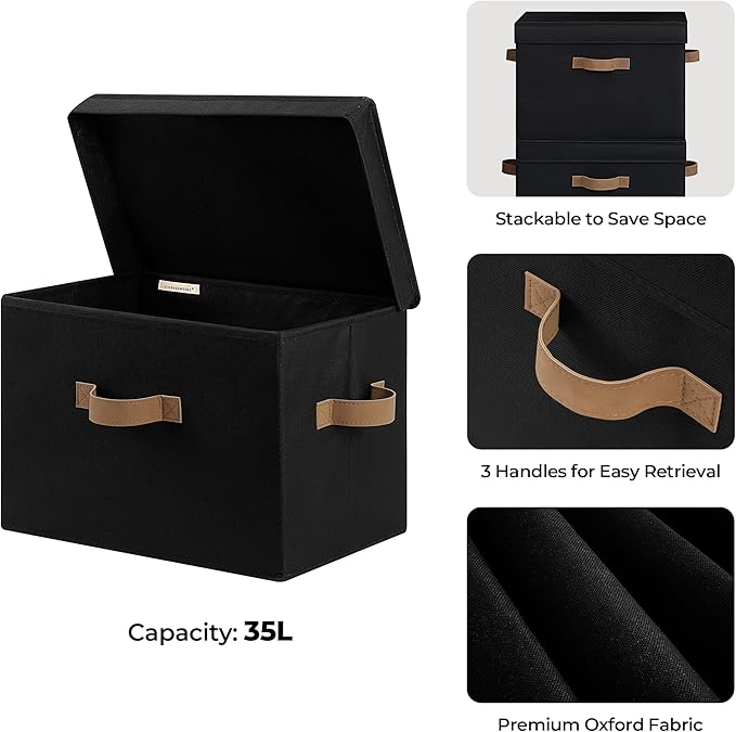StorageWorks Fabric Storage Bins with Lid, Decorative Storage Boxes for Shelves, Stackable Closet Organizer Basket with Handl