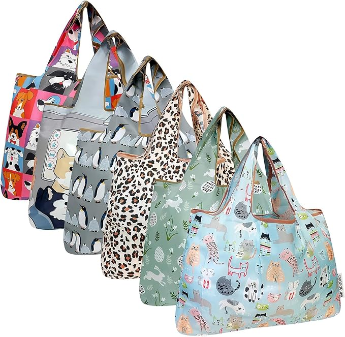 allydrew Large Foldable Tote Nylon Reusable Grocery Bags, 6 Pack