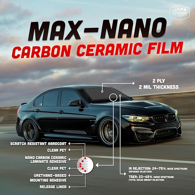 United Max Nano Carbon Car Window Tint Film – 2PLY 15% VLT Series Automotive Tint with UV Protection & Infrared Rejection, Heat & Glare Blocking, Color Stable Adhesive Film Roll, 40 Inch x 100 Feet