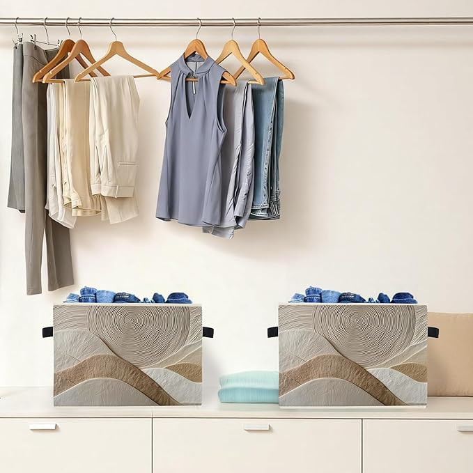Boho Abstract Neutral Storage Box Bins, Mid Century Modern Beige and White Abstract Collapsible Storage Basket Organizer for 