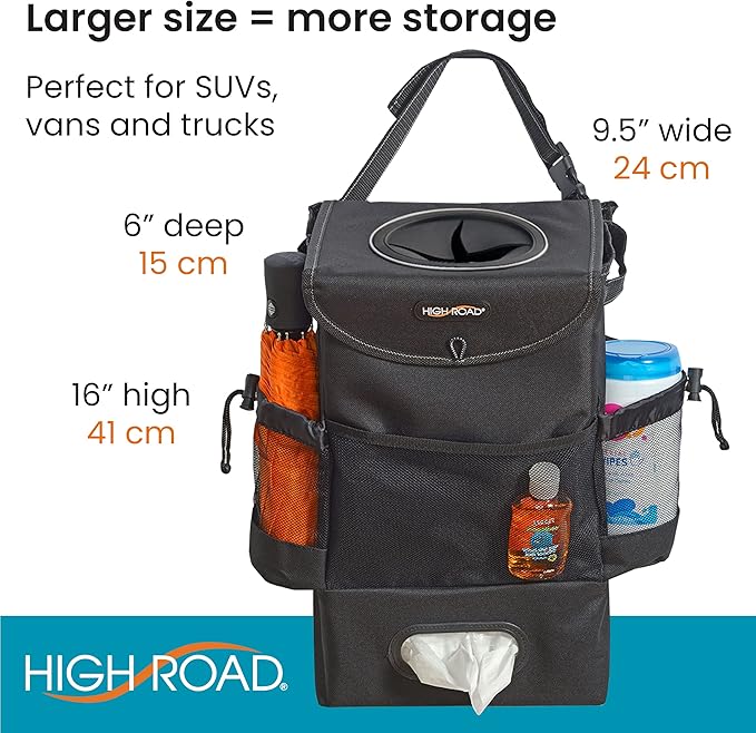 High Road StashAway Large Car Trash Can for Back Seat - Car Garbage Bag With Tissue Holder and Bottle Pockets - Seatback Organizer With 3 Gal Trash Can With Lid for Vans, SUVs and Trucks